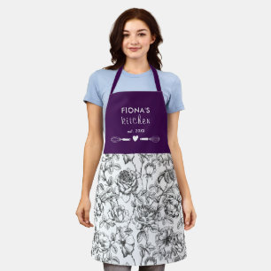 Botanical Rose Black and Purple Personalised Apron