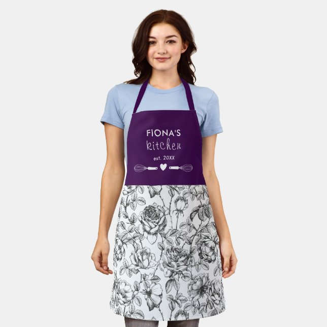 Botanical Rose Black and Purple Personalised Apron (Worn)