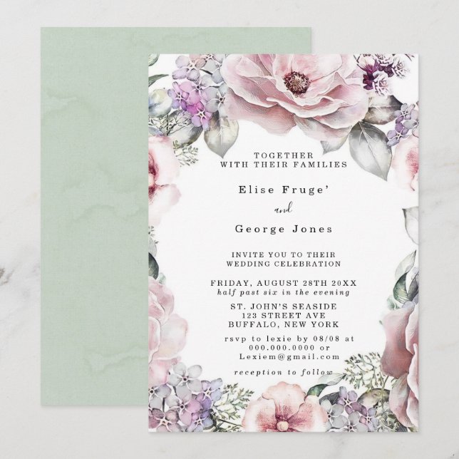 Botanical Rose Gold Floral and Eucalyptus Wedding Invitation (Front/Back)