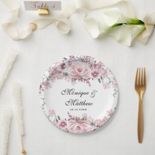 Botanical Rose Gold Florals and Eucalyptus Wedding Paper Plate