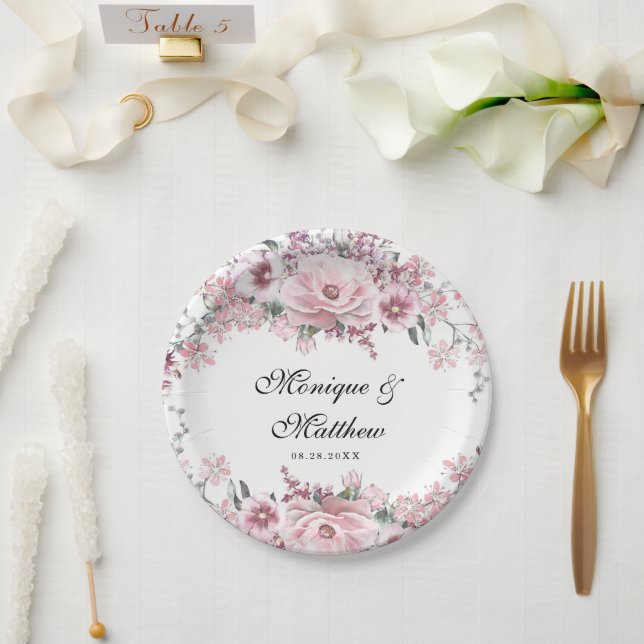 Botanical Rose Gold Florals and Eucalyptus Wedding Paper Plate (Wedding)