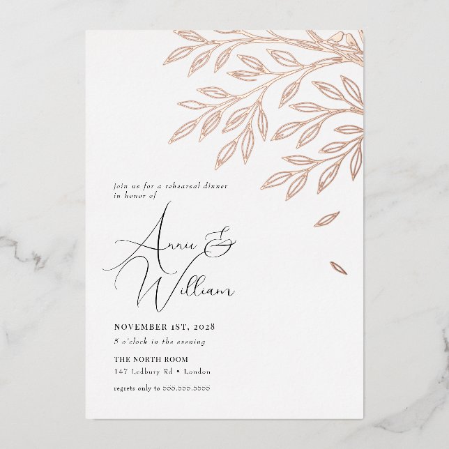 Botanical Rose Gold Leaf Rehearsal Dinner  (Front)