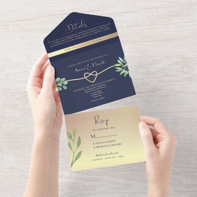 Botanical Rose Gold Navy Photo Wedding All In One Invitation (Tearaway)