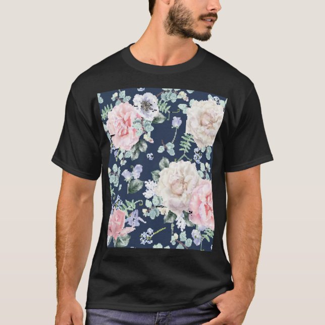 Botanical Roses Blue Vintage Pattern. T-Shirt (Front)