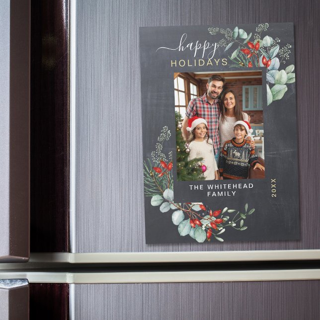 Botanical Rustic Chalkboard Holiday Magnet Card (You will love these beautiful Christmas cards! They feature botanical watercolor pine and berries.)