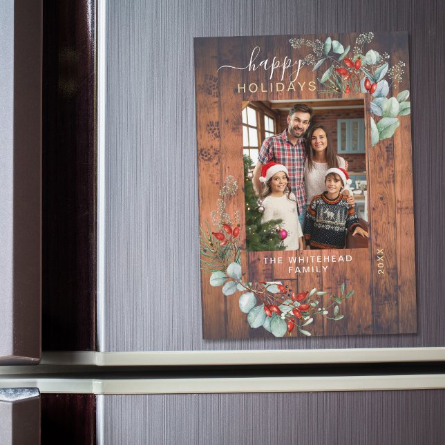 Botanical Rustic Cherry Wood Holiday Magnet Card (You will love these beautiful Christmas cards! They feature botanical watercolor pine and berries.)