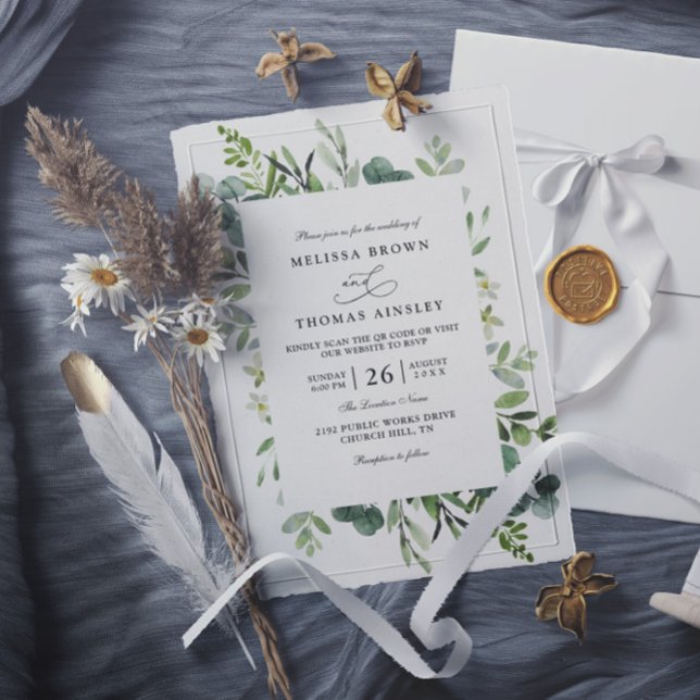 Botanical Rustic Greenery Elegant QR Code Wedding Invitation (Creator Uploaded)