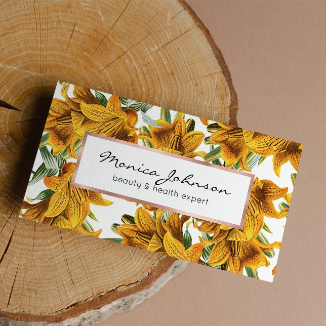 Botanical rustic orange green lily trendy floral business card (Botanical rustic orange green lily trendy floral)