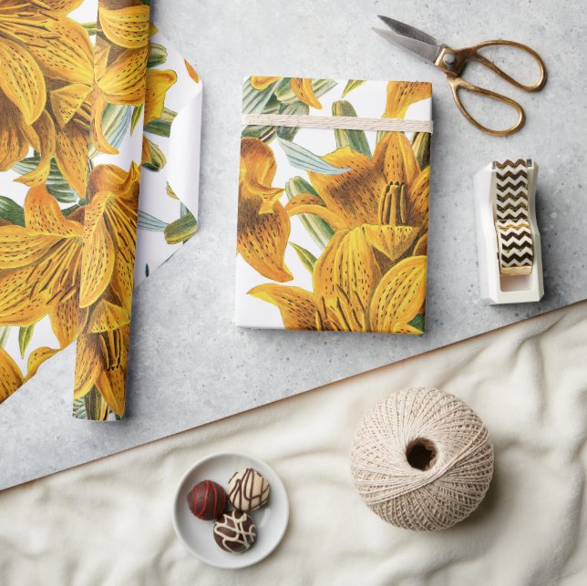Botanical rustic orange green lily trendy floral wrapping paper (Crafts)