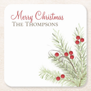 Botanical Rustic Stylish Watercolor Holiday Custom Square Paper Coaster