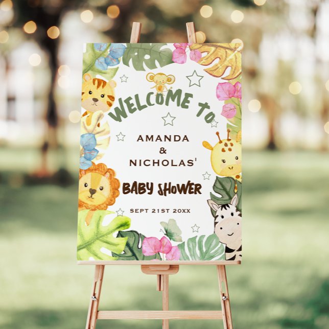 Botanical Safari Animals Cute Baby Shower Welcome Poster (Creator Uploaded)