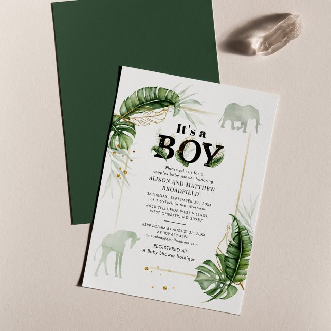 Botanical Safari Elephant Giraffe Baby Shower Invitation (Jungle Safari Animals Couples Boy Baby Shower Invitation)