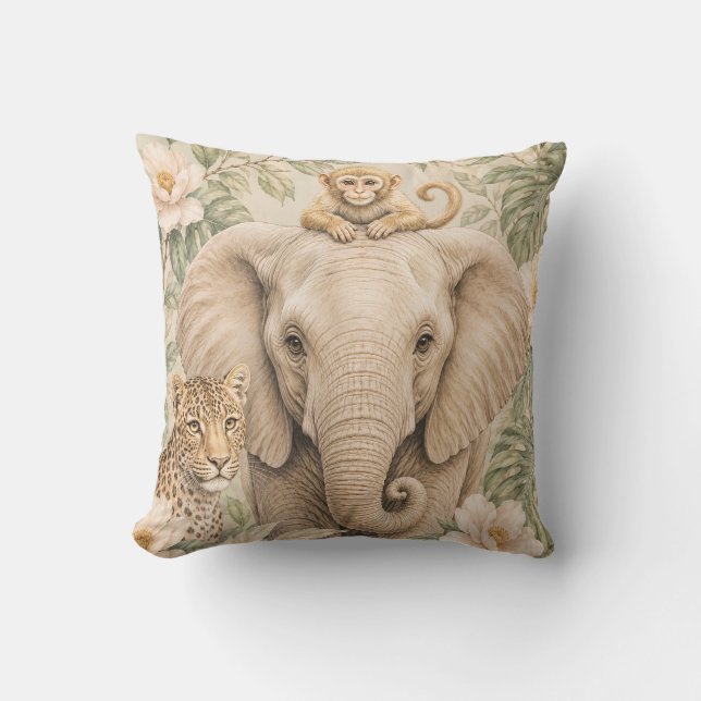 Botanical Safari Elephant Throw Pillow | Neutral N (Front)