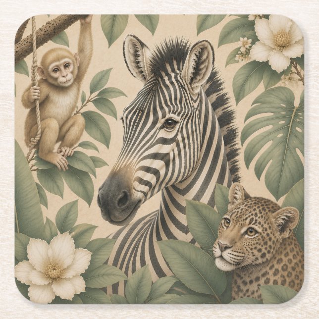 Botanical Safari Zebra Square Paper Coaster (Front)