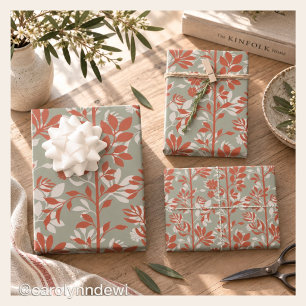 Botanical Sage Coral Poetic Floral Elegant Wrapping Paper Sheet