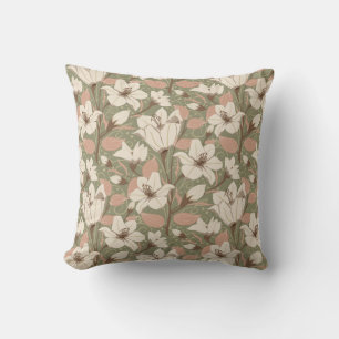 Botanical Sage Green Beige Lily Floral Pattern   Cushion