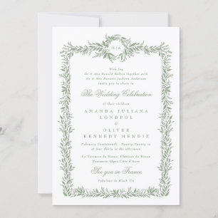 botanical sage green classic leafy frame wedding invitation