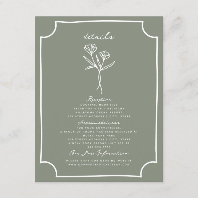 Botanical Sage Green Hand Drawn Wedding Details Enclosure Card (Front)