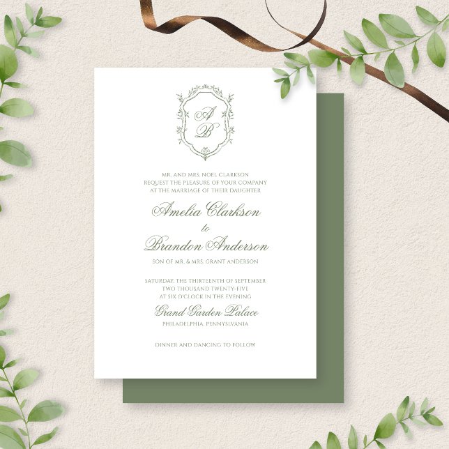 Botanical Sage Green Monogram Crest Wedding Invitation (Creator Uploaded)