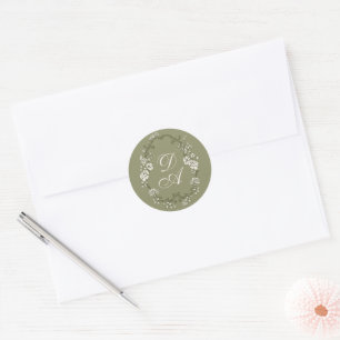 Botanical Sage Green Monogrammed Classic Round Sticker