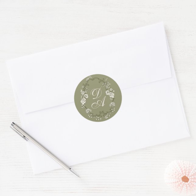 Botanical Sage Green Monogrammed Classic Round Sticker (Envelope)