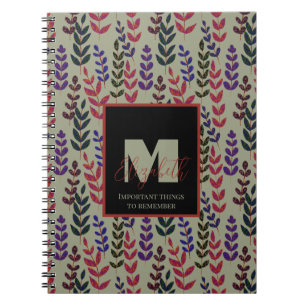 Botanical Sage Green Pink Monogram Custom Name Notebook