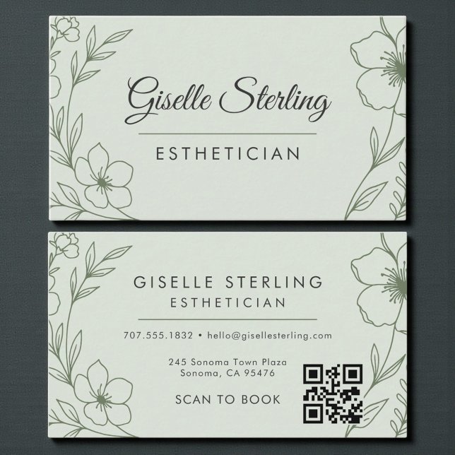 Botanical Sage Green QR Code Aesthetician Floral Business Card (Creator Uploaded)