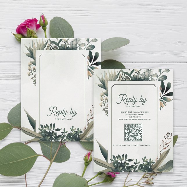 Botanical Sage Green QR Code Greenery Wedding RSVP Card (Elegant Botanical Greenery Wedding RSVP Card with QR Code | Sage Green Garden Wedding Response)