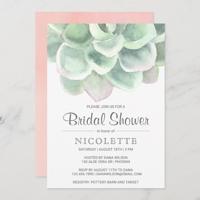 Botanical Sage Green Succulent Bridal Shower Invitation (Front/Back)