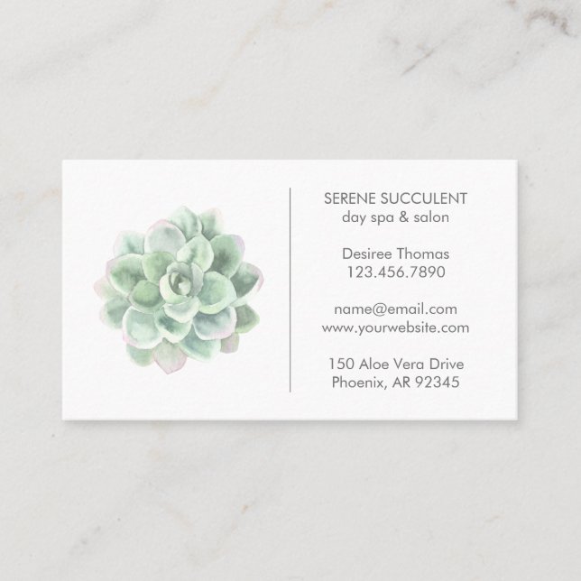 Botanical Sage Green Watercolor Succulent Day Spa Business Card (Front)