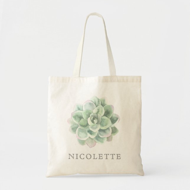 Botanical Sage Green Watercolor Succulent Tote Bag (Front)