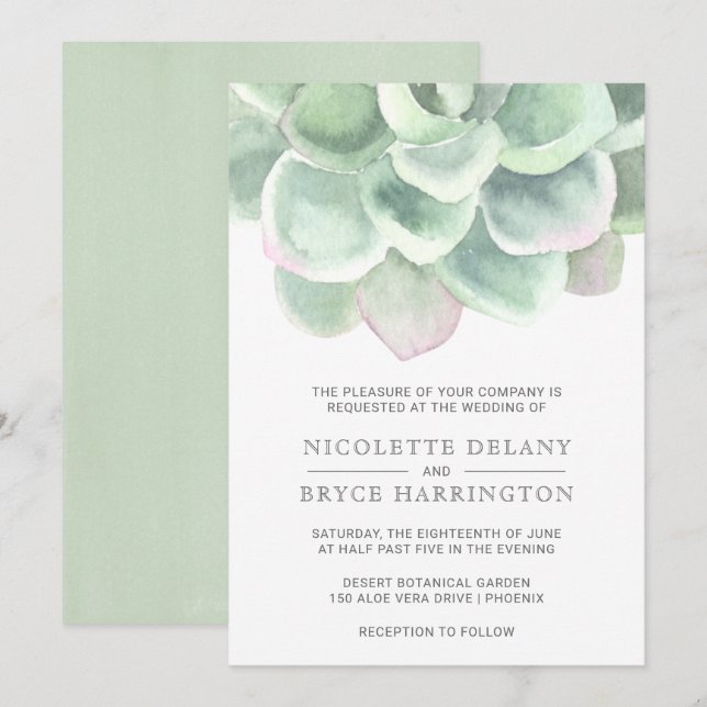 Botanical Sage Green Watercolor Succulent Wedding Invitation (Front/Back)