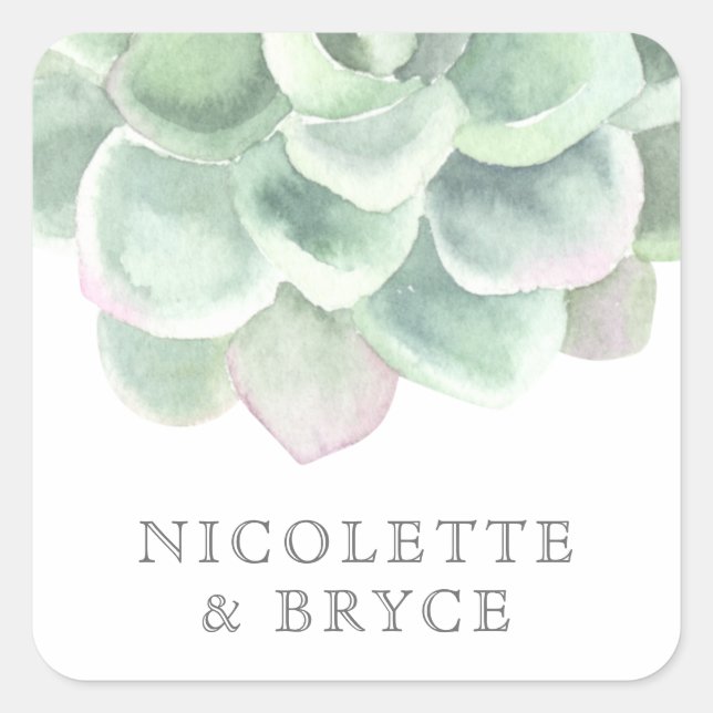 Botanical Sage Green Watercolor Succulent Wedding Square Sticker (Front)