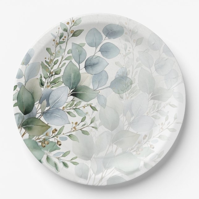 Botanical Sage Greenery Wedding Party Paper Plates (Front)