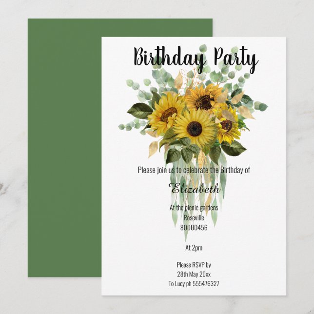 BOTANICAL SAGE SUNFLOWERS EUCALYPTUS BOUQUET INVITATION (Front/Back)