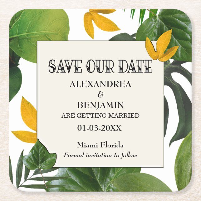 Botanical Save The Date Tropical Palms Square Paper Coaster (Front)