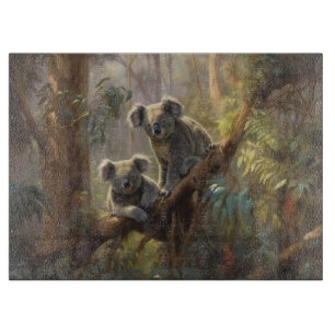 Botanical scene curious koalas in eucalyptus tree cutting board