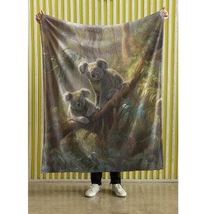 Botanical scene curious koalas in eucalyptus tree fleece blanket
