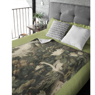 Botanical scene of a white swan in a forest river fleece blanket
