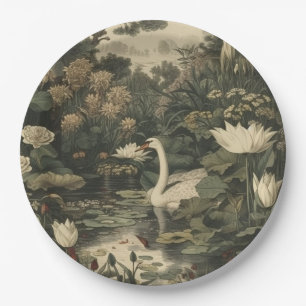 Botanical scene of a white swan in a forest river paper plate