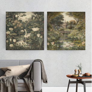 Botanical scene of a white swan in a forest river poster
