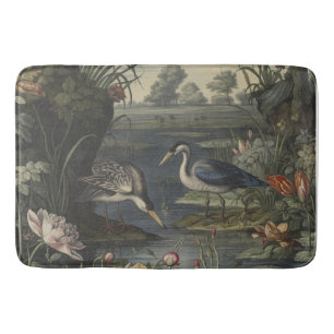 Botanical scene of blue crane by a river bath mat