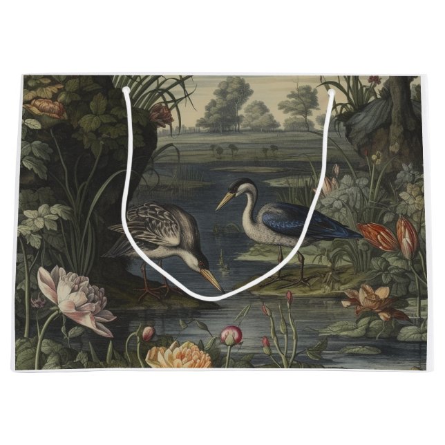 Botanical scene of blue crane by a river large gift bag (Front)