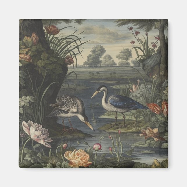 Botanical scene of blue crane by a river magnet (Front)