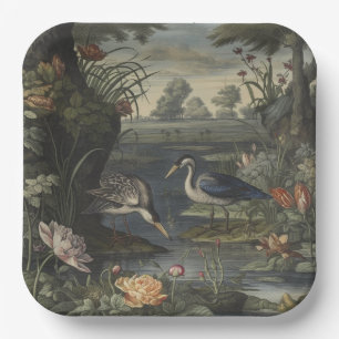 Botanical scene of blue crane by a river paper plate
