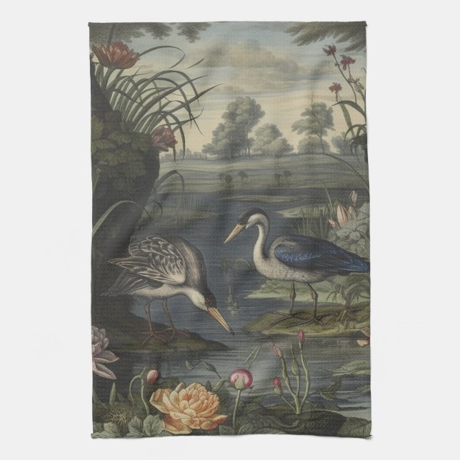 Botanical scene of blue crane by a river tea towel (Vertical)