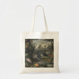 Botanical scene of blue crane by a river tote bag