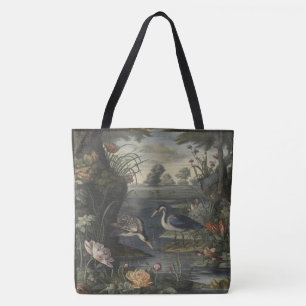 Botanical scene of blue crane by a river tote bag
