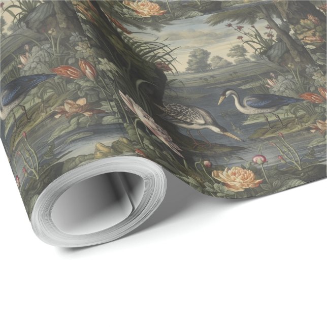 Botanical scene of blue crane by a river wrapping paper (Roll Corner)