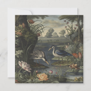 Botanical scene of blue cranes by a river